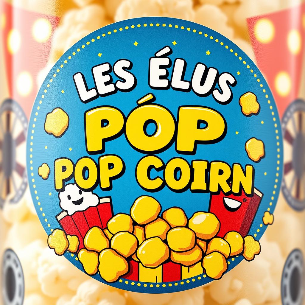 A colorful, playful popcorn label featuring the name 'LES ÉLUS POP CORN'