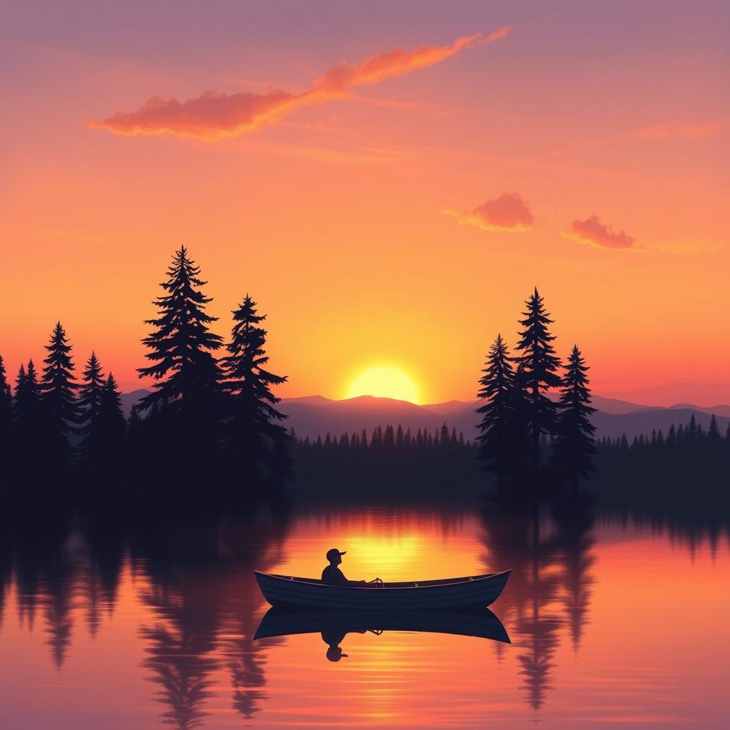 A realistic depiction of a serene sunset over a calm lake