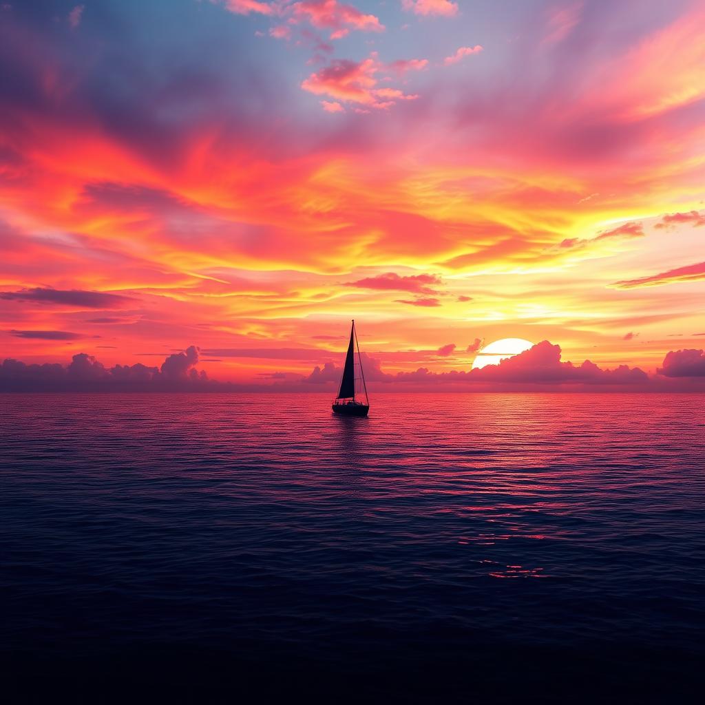 A stunning digital artwork featuring a vibrant sunset over a calm sea, with the sky ablaze in shades of orange, pink, and purple