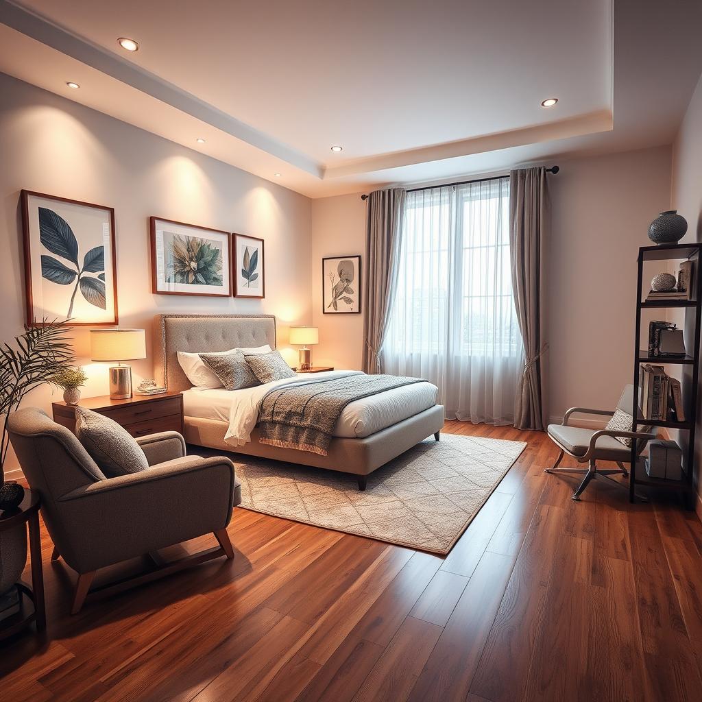 A beautifully designed interior of a bedroom, featuring a cozy and modern aesthetic