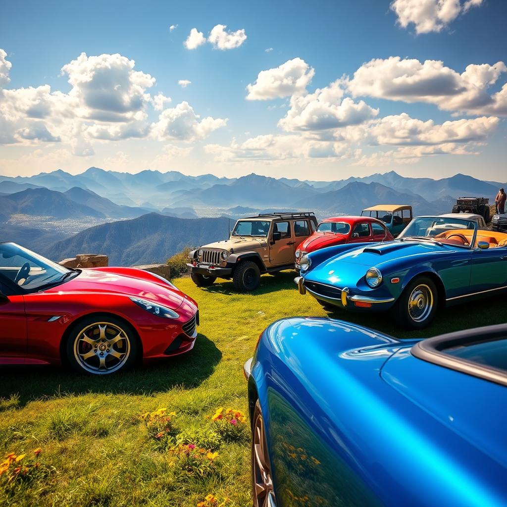 A vibrant scene showcasing an assortment of stylish cars parked at a scenic overlook