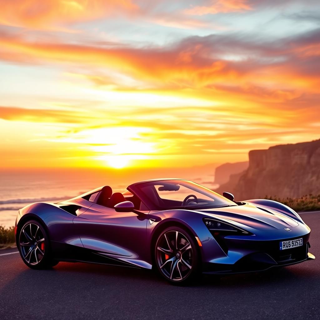 A sleek, modern sports car parked on a picturesque coastal road during sunset