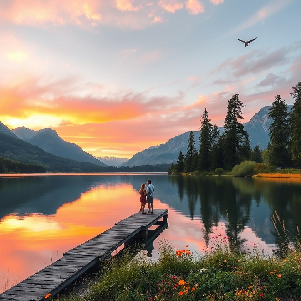 A serene landscape featuring a tranquil lake surrounded by lush greenery and majestic mountains in the background