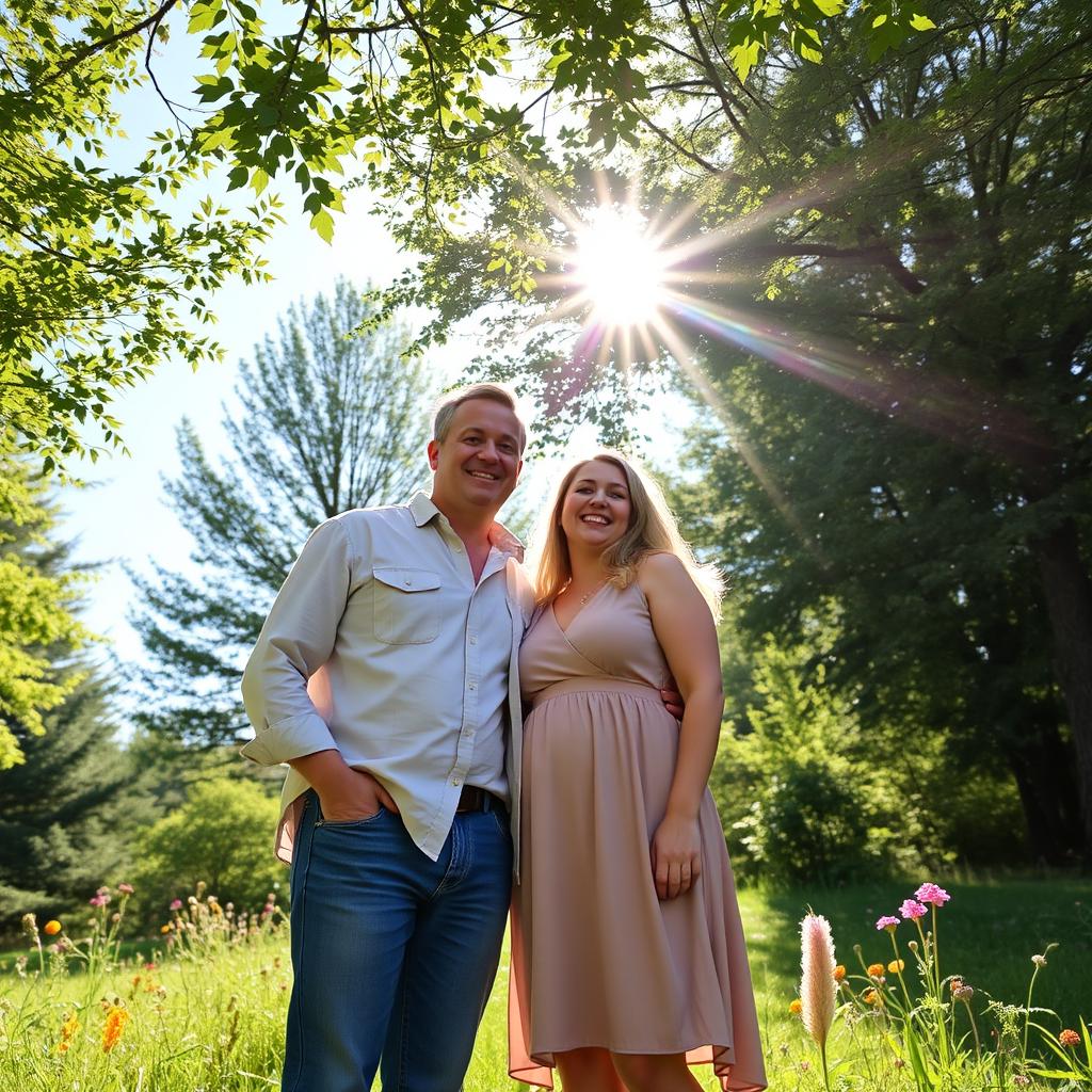 Two people standing together in a serene natural setting, surrounded by lush green trees, colorful wildflowers, and a clear blue sky