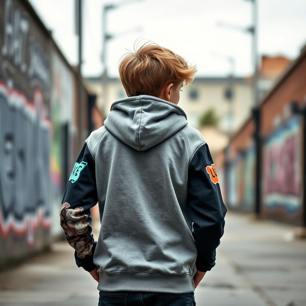 A teenage boy wearing a stylish hoodie, captured from a back view