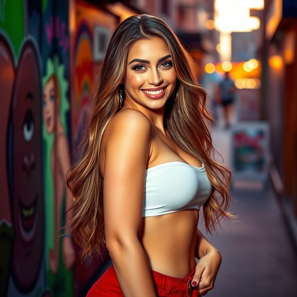 A beautiful and attractive woman with a confident smile, wearing a stylish outfit that highlights her figure