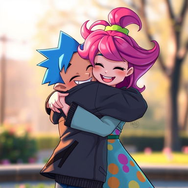 A warm embrace between two stylized characters, maintaining their original artistic style