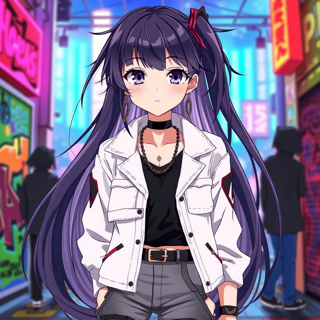 An anime-style illustration of a charismatic and stylish trap character, featuring long flowing hair, a fashionable outfit that blends masculine and feminine aesthetics, delicate facial features, and expressive eyes