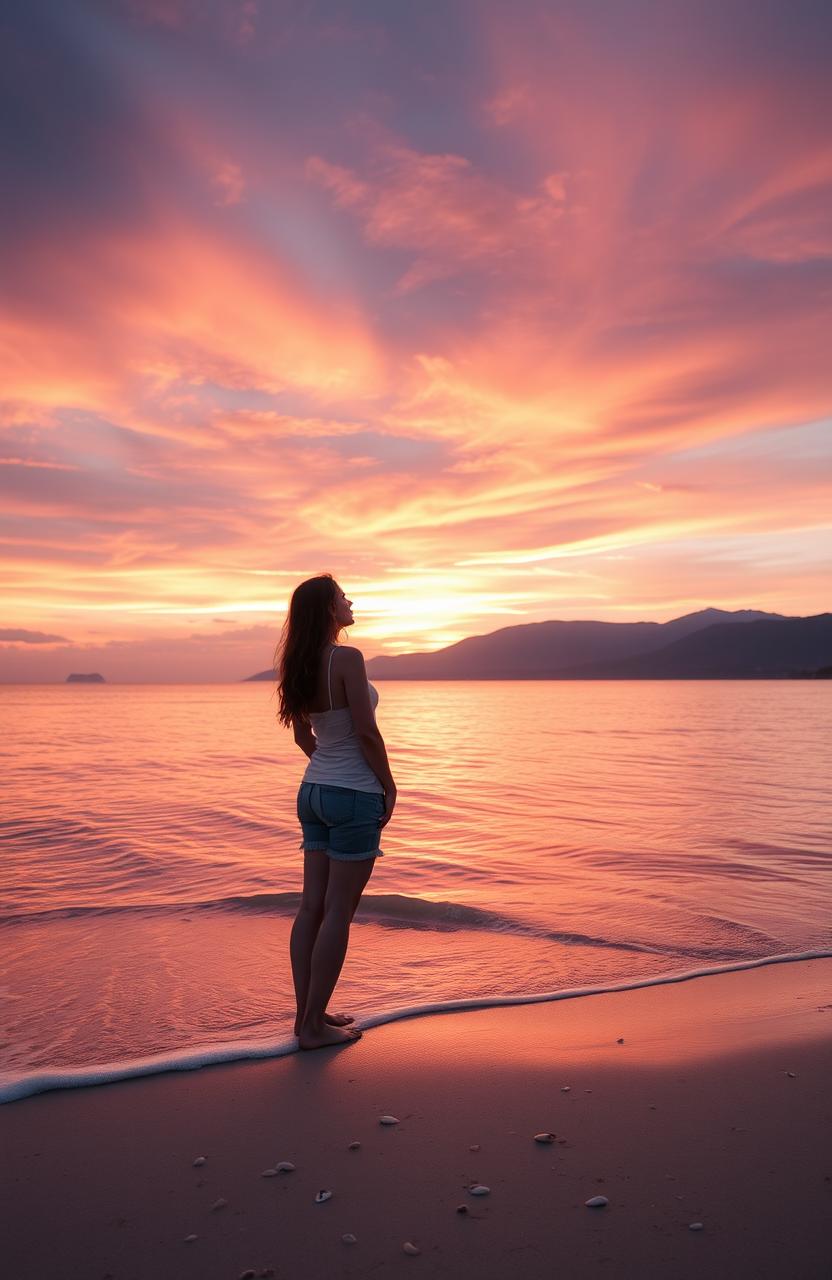 A beautiful scene of a person standing on a serene beach at sunset, looking contemplative and peaceful