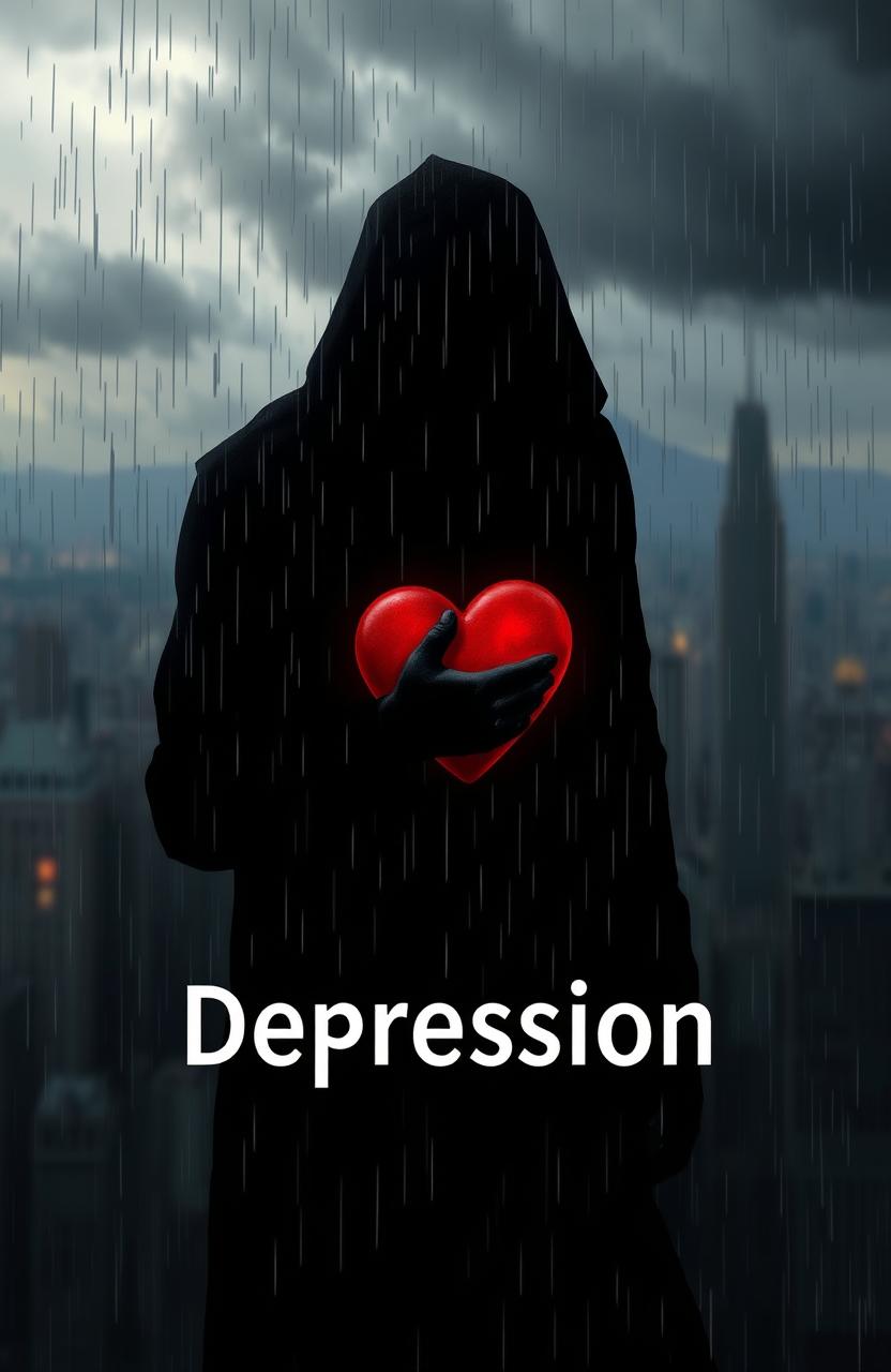 A visually striking representation of depression, depicted as a shadowy figure with a heavy heart, surrounded by dark clouds and rain