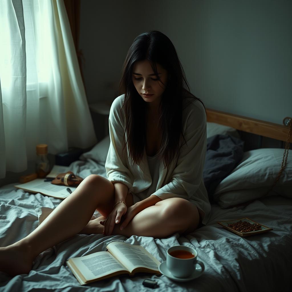 A poignant scene of a woman sitting on a bed, tears streaming down her face