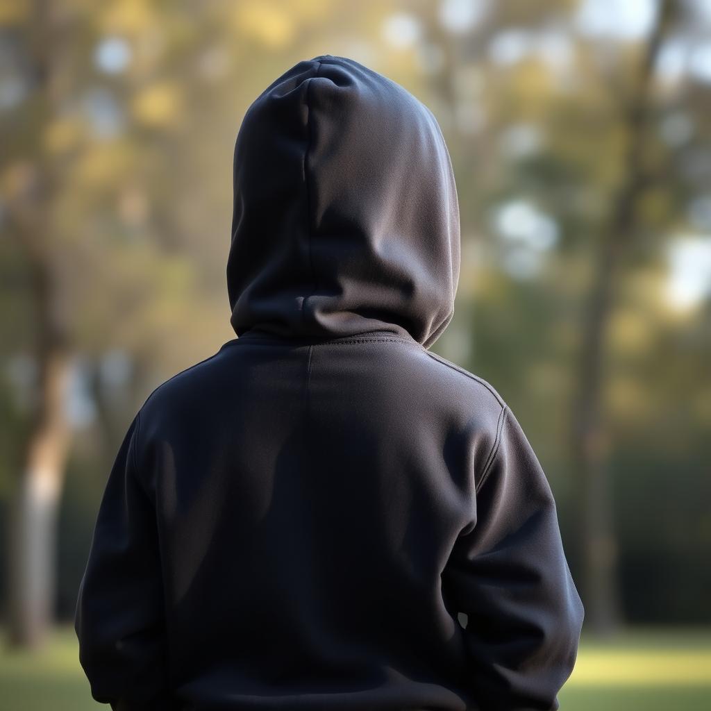 A young boy wearing a dark hooded sweatshirt, viewed from the back, standing alone in a serene outdoor setting, with a blurred background of trees and soft sunlight filtering through the leaves