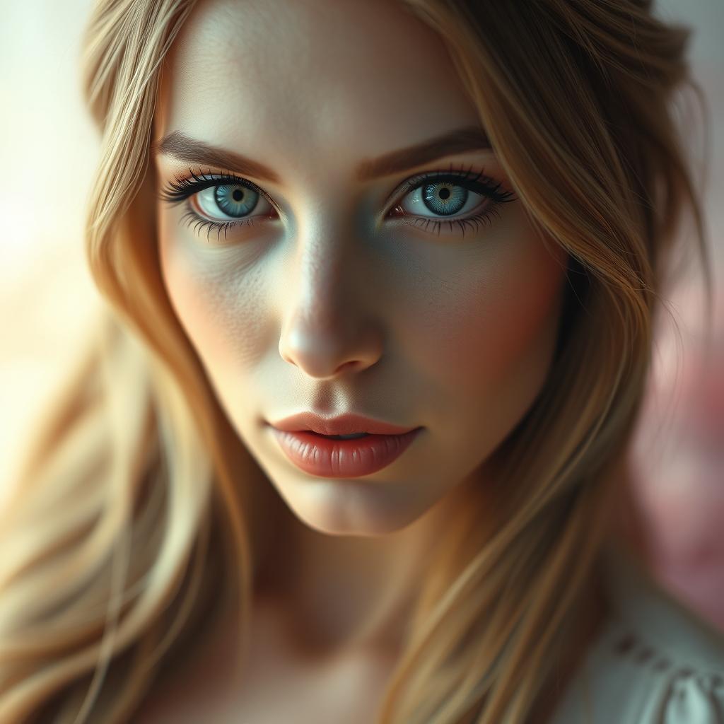 A close-up portrait of a mesmerizing woman with elegant features and captivating eyes