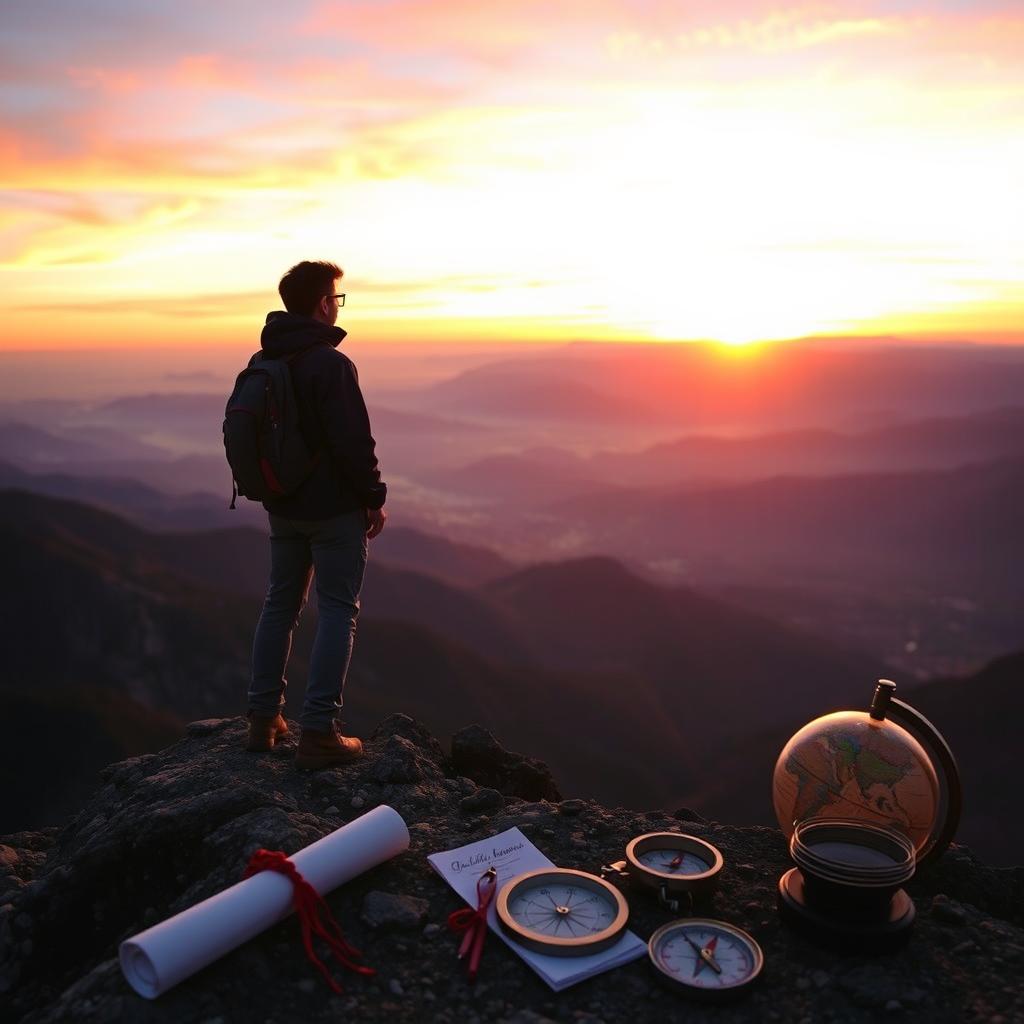 A person standing on a mountain peak, gazing into the horizon at sunrise, symbolizing the concept of making the best choices in life as an investment for the future