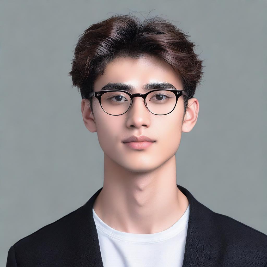 Tall young man, standing at 195cm, with dark honey-colored hair, honey-colored eyes, wearing black round-framed glasses. His hair is medium length.