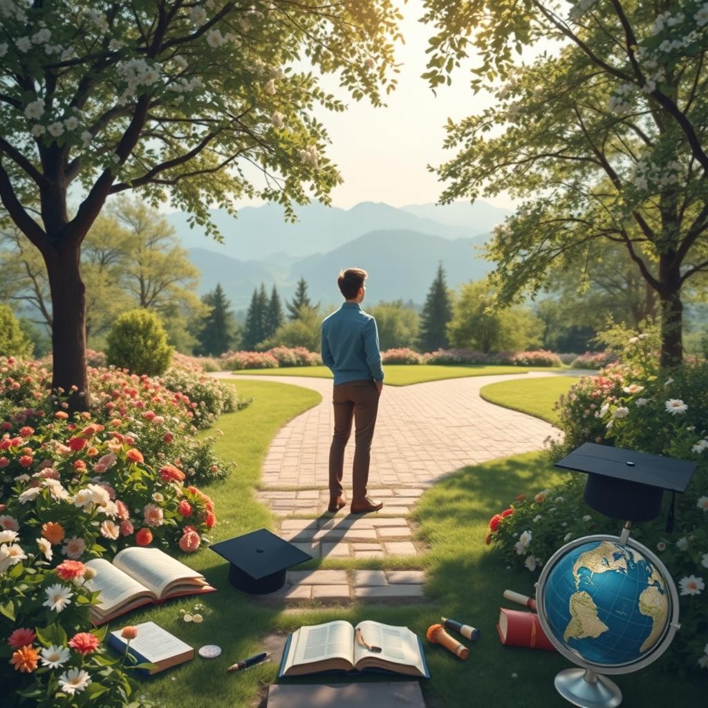 A serene and contemplative scene depicting an individual in a beautiful garden, surrounded by a variety of blossoming flowers and lush greenery