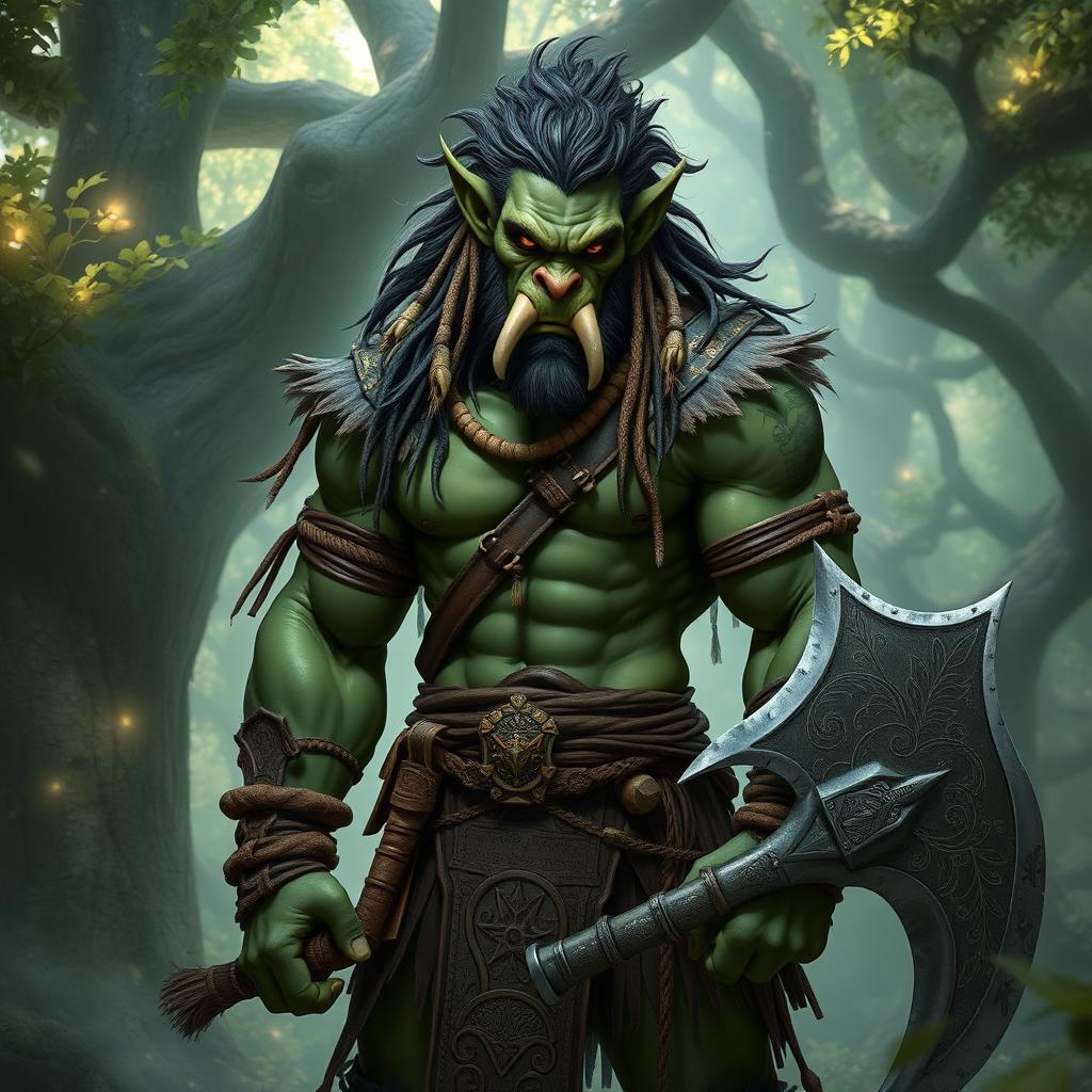 A semi-orc character with a muscular physique, blending humanoid features and orcish traits