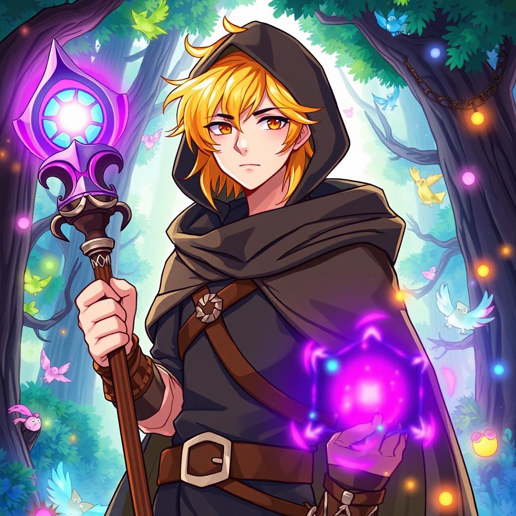 A detailed illustration of Hunter from 'The Owl House', showcasing him in his signature attire which includes a dark cloak, a stylish tunic, and his unique golden-blonde hair framed by his hood
