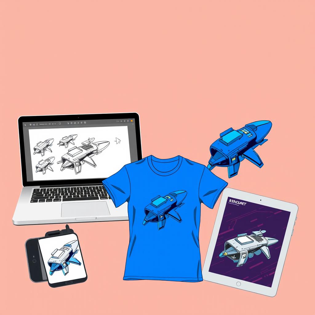 A stylish graphic design of a t-shirt featuring a blue spaceship in a futuristic style