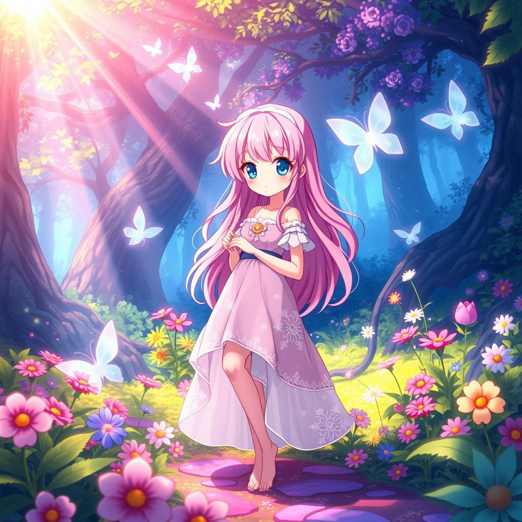 An enchanting anime scene featuring a vibrant fantasy world, with a stylized character standing in a lush, magical forest
