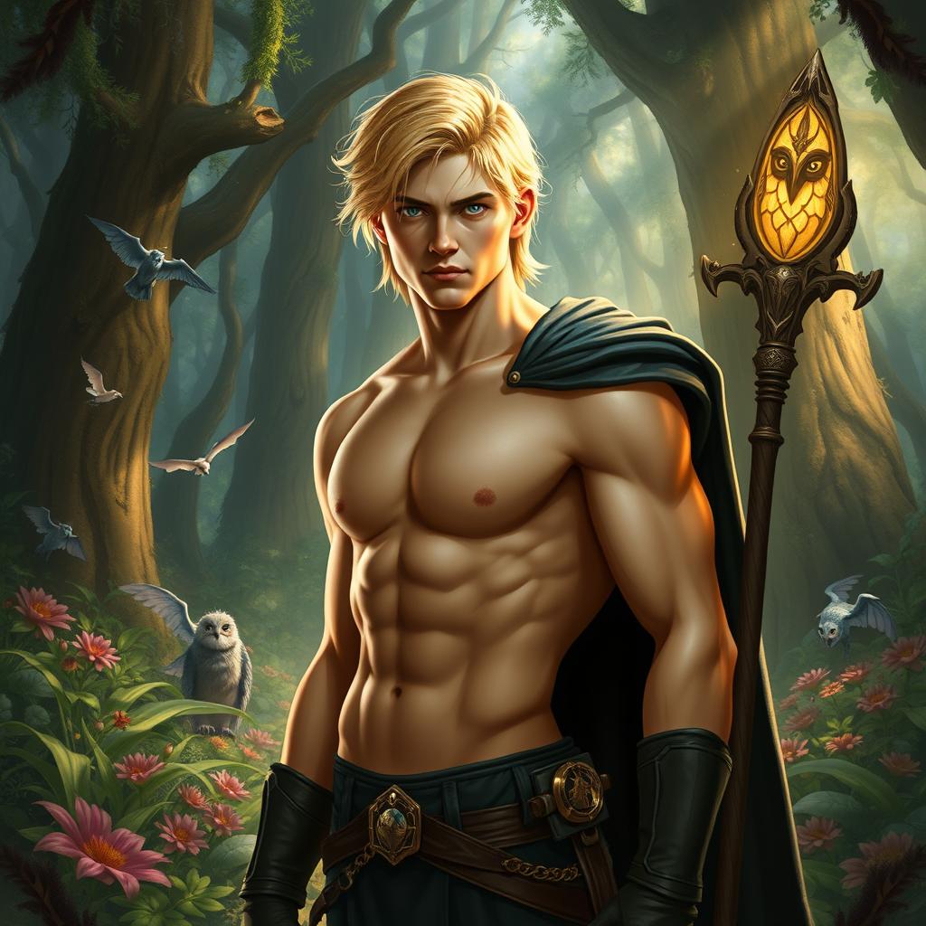 A realistic portrayal of Hunter from 'The Owl House', depicted without a shirt to showcase a fit physique, featuring his signature golden-blonde hair and determined expression