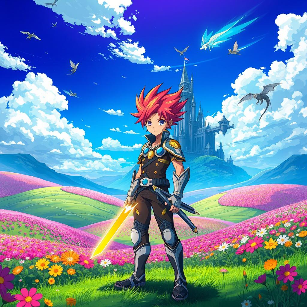 An enchanting anime scene featuring a vibrant fantasy landscape with rolling hills adorned with colorful flowers under a brilliant blue sky