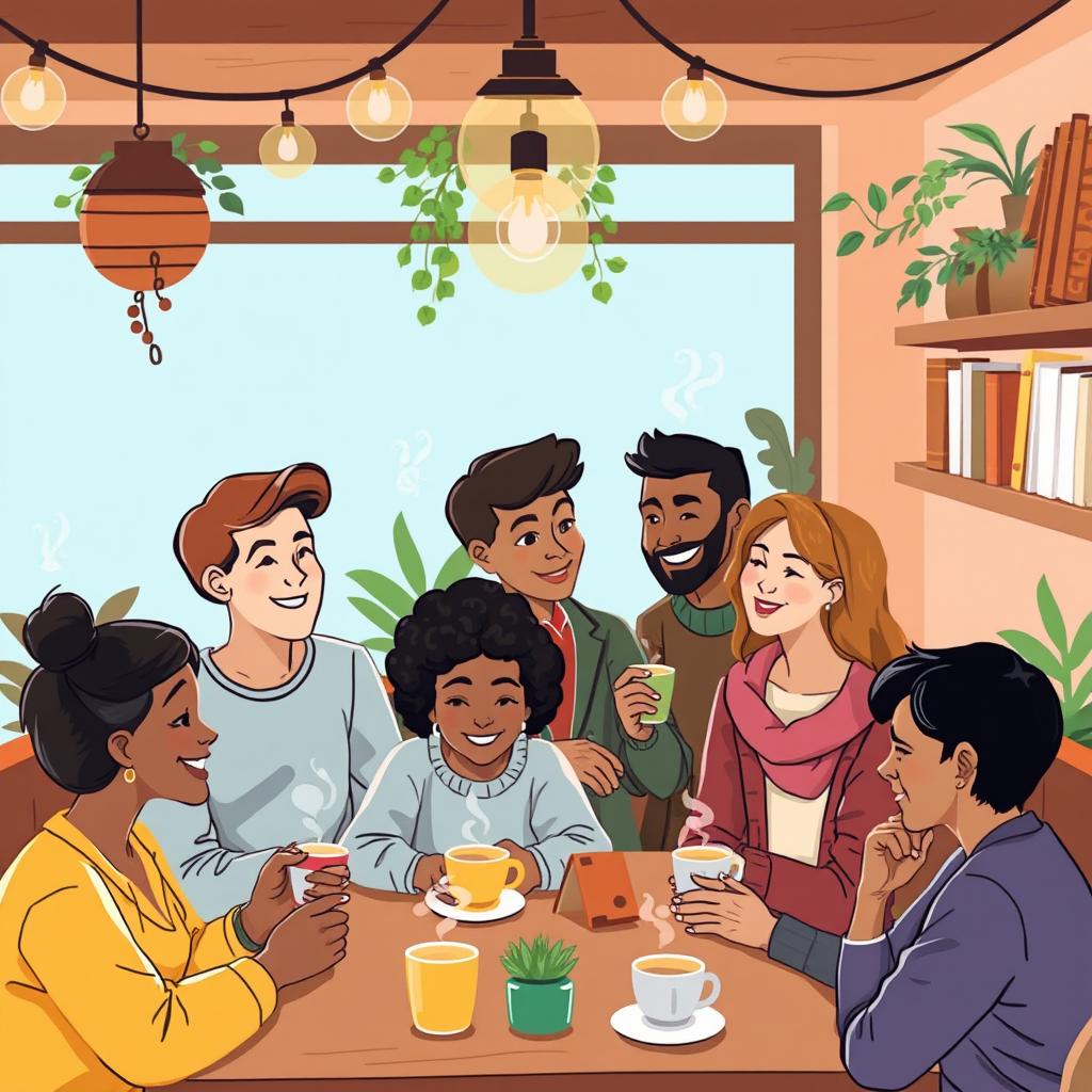 A warm and inviting scene of a multicultural gathering in a cozy café, where diverse individuals are engaged in friendly conversations