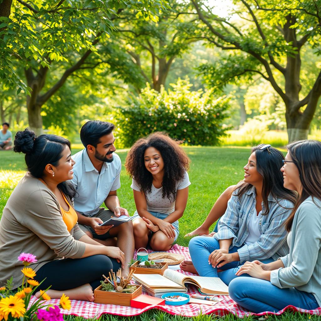 An inviting scene of a diverse group of people gathered in a vibrant park, engaging in heartfelt conversations