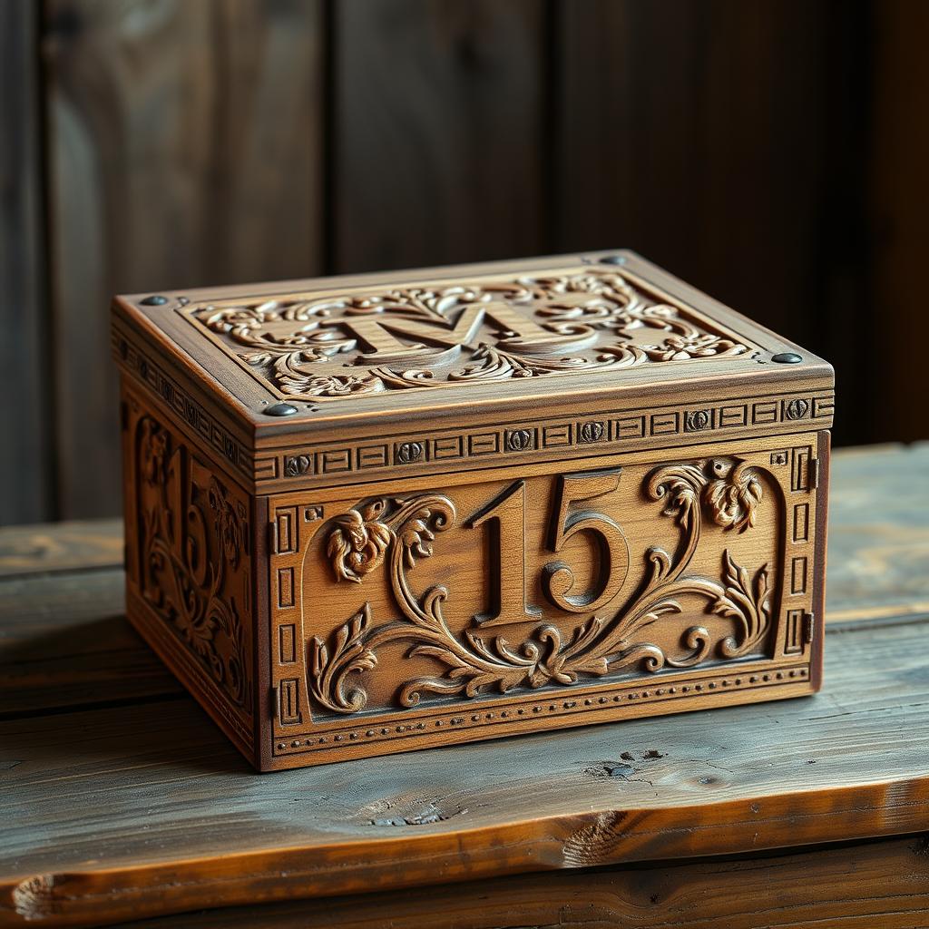 A beautifully crafted wooden box with intricate carvings, showcasing its number '15' prominently on the front