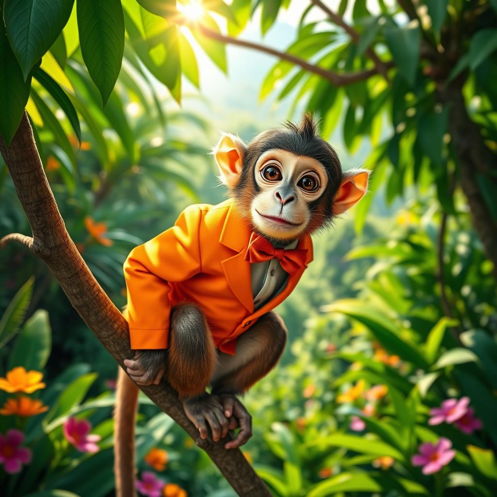 A playful monkey dressed in a vibrant orange suit, sporting a cute bow tie, sitting on a tree branch in a lush green jungle