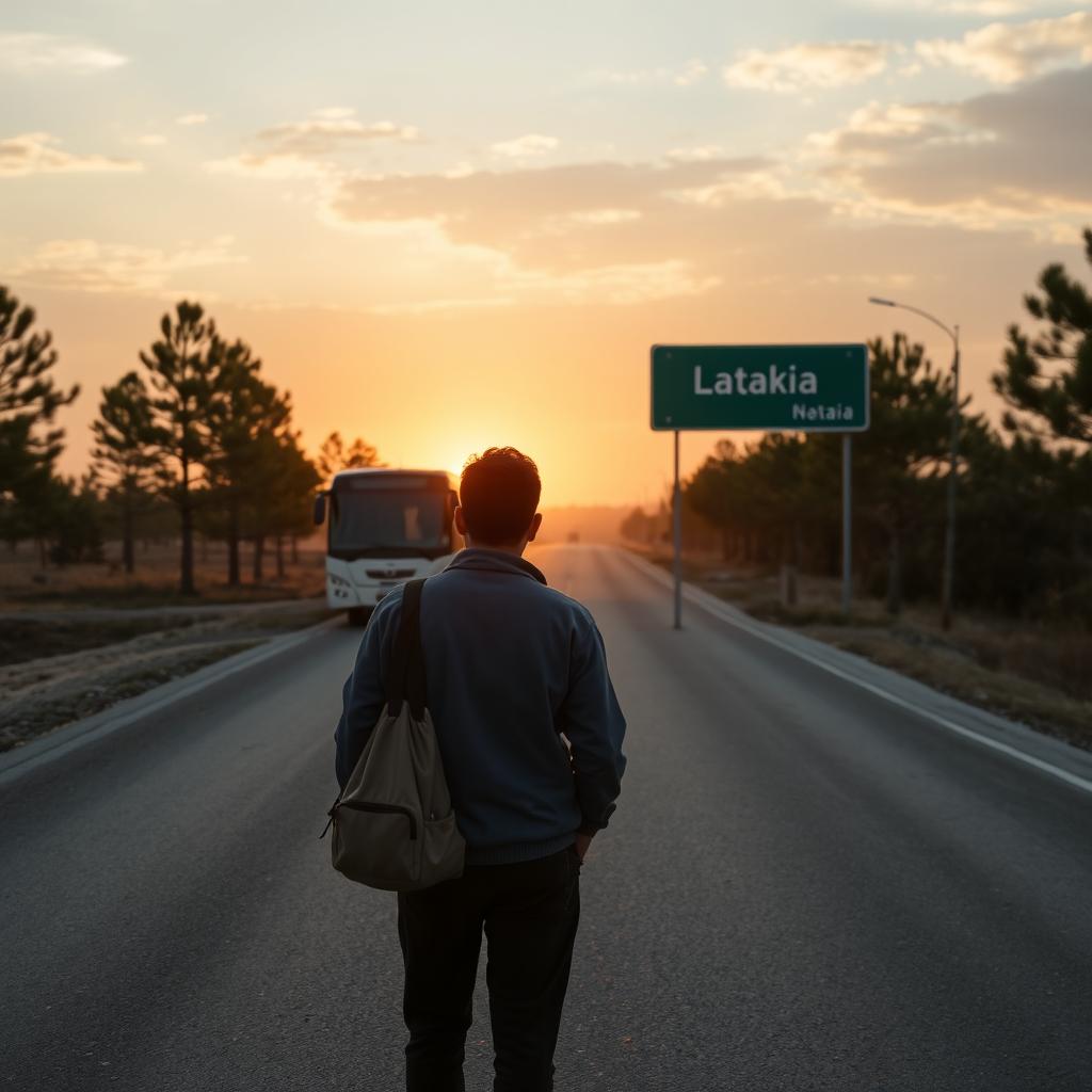 A picturesque sunset scene at a rural bus stop on a long road