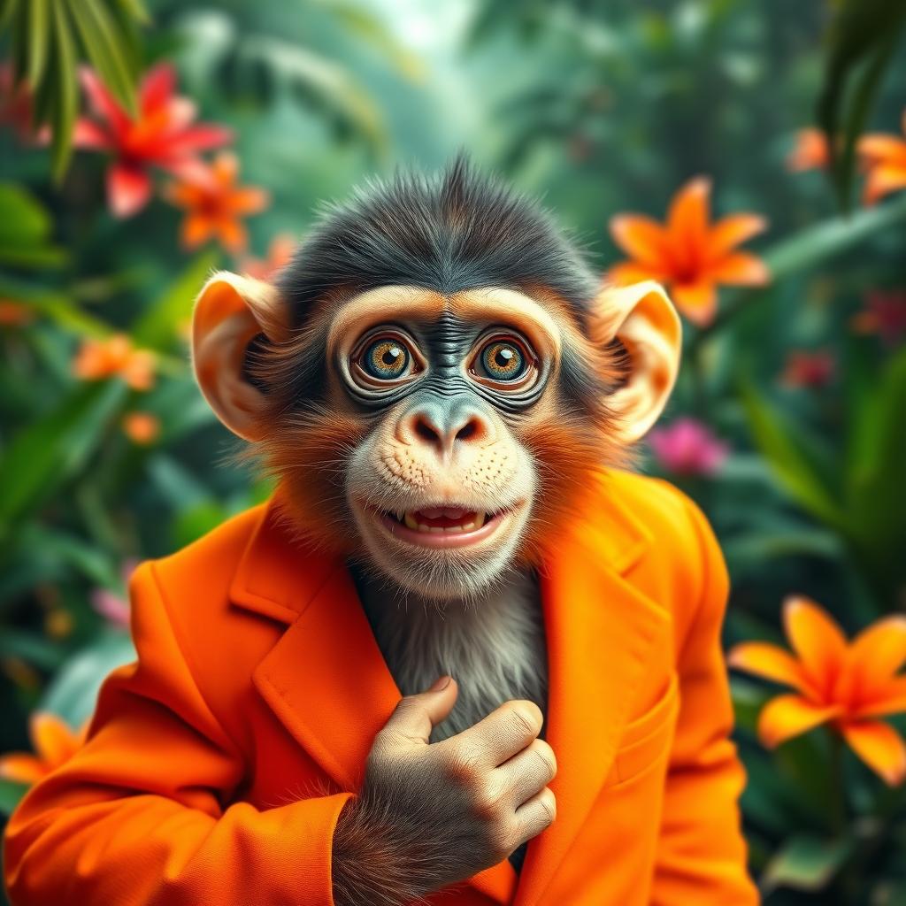 A playful monkey dressed in a vibrant orange suit, showcasing a whimsical and humorous pose