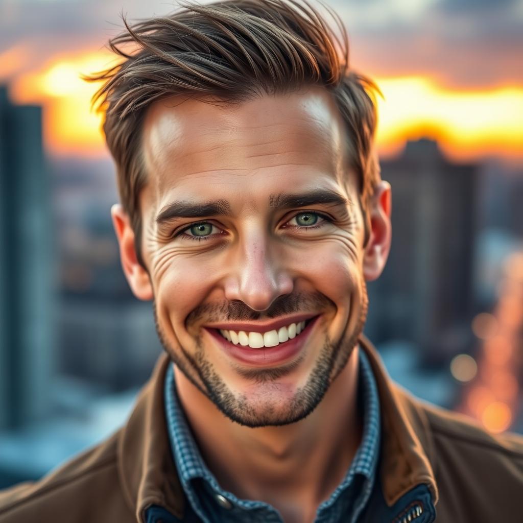 A handsome 40-year-old man with striking green eyes, wearing a stylish jacket, flashing a warm and inviting smile