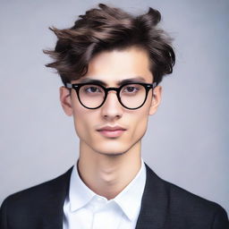 Tall young man, standing at 195cm, with dark honey-colored hair, honey-colored eyes, wearing black round-framed glasses. His hair is medium length.