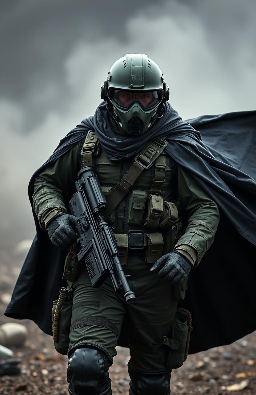 A helldiver dressed in a dark green bomb suit, complete with a belt-fed machine gun slung over his shoulder