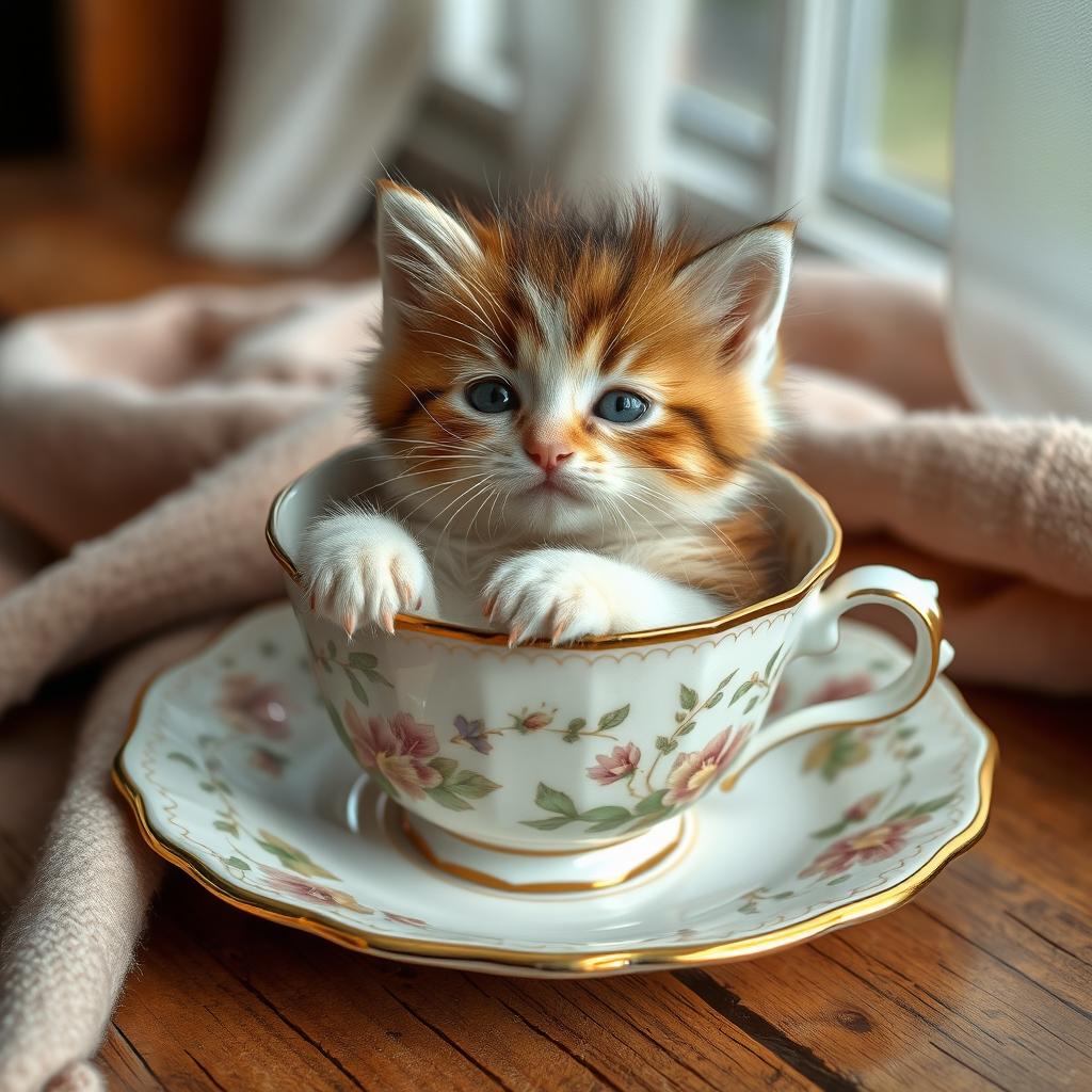 A high-quality raw photograph featuring an adorable kitten nestled comfortably in a delicate teacup