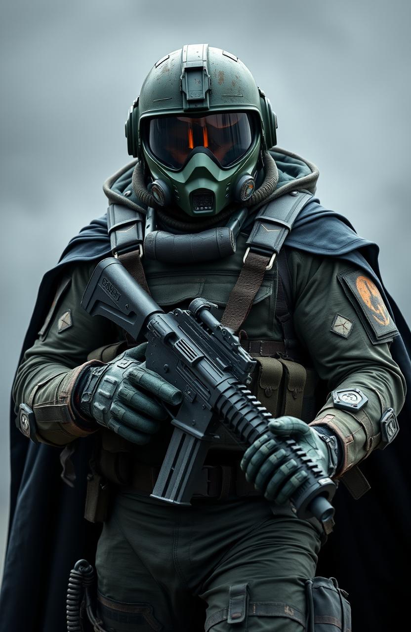 A helldiver dressed in a dark green bomb suit, featuring a rugged and tactical design