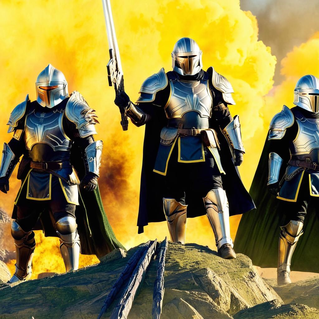 One in green armour, one in white, one in black, and one in blue with winged helmet decorations. With explosions in background