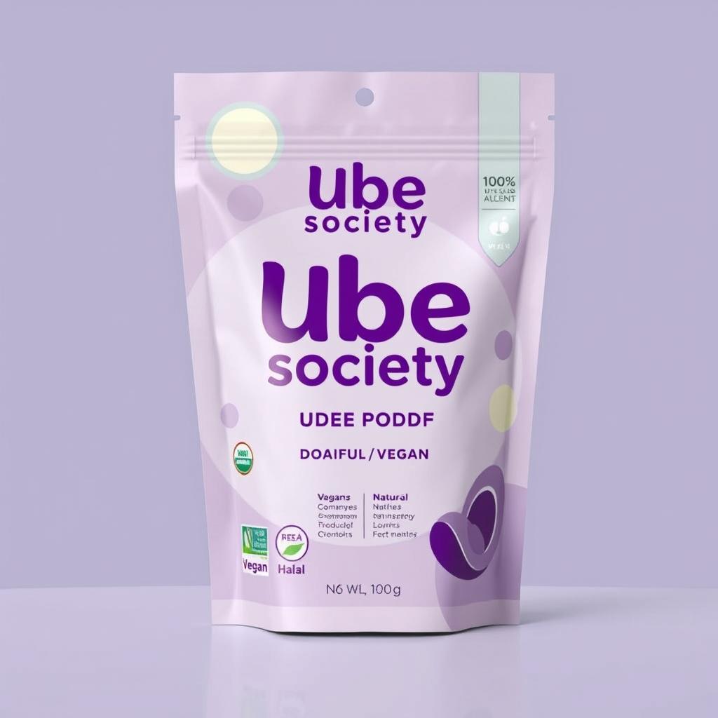 A beautifully designed package for 100g of organic ube powder, prominently featuring the 'Ube Society' logo in vibrant purple on the front
