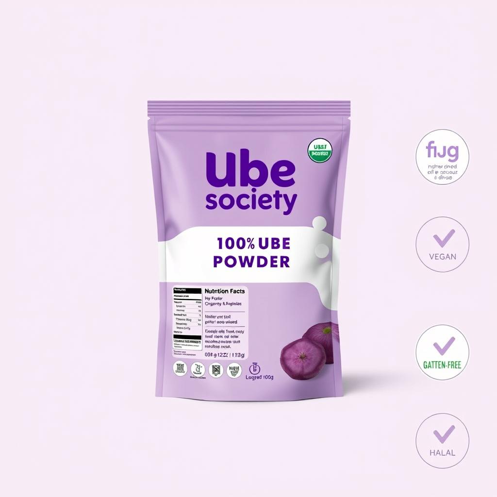 A visually appealing package design for 100g of organic ube powder, showcasing the 'Ube Society' logo prominently in a striking purple