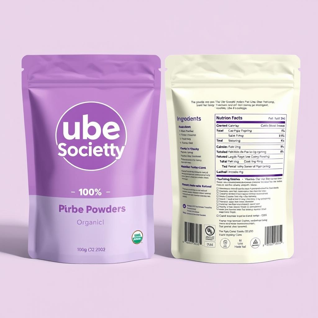 A stylish package design for 100g Ube Powder, featuring the 'Ube Society' logo in an eye-catching purple on the front