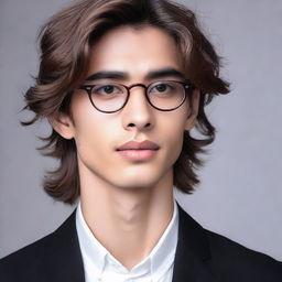 Tall young man, standing at 195cm, with dark honey-colored hair, honey-colored eyes, wearing black round-framed glasses. His hair is medium length.