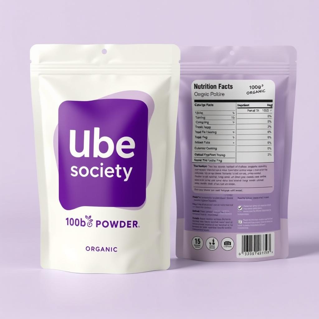 An attractive package design for 100g of Ube Powder, featuring the 'Ube Society' logo prominently displayed in bold purple on the front