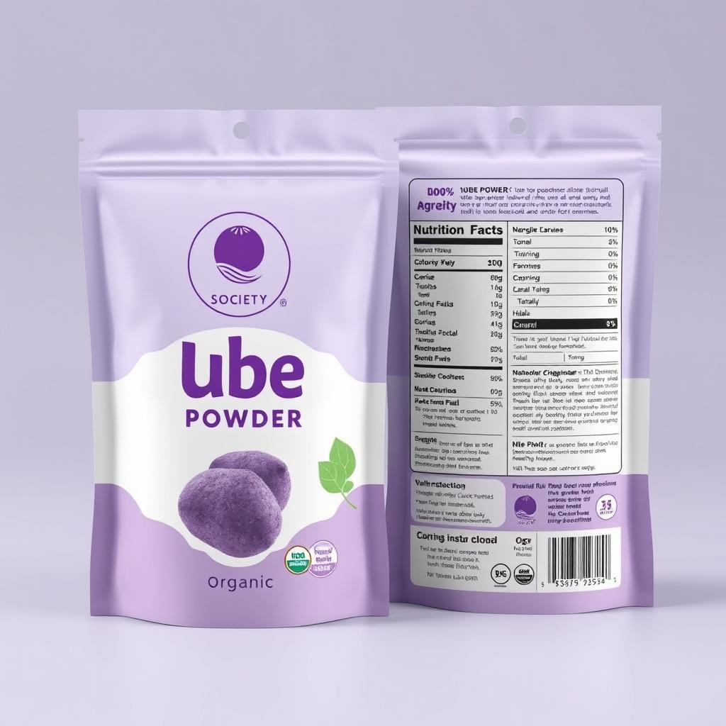 Design a charming package for 100g Ube Powder, featuring the 'Ube Society' logo prominently in purple on the front