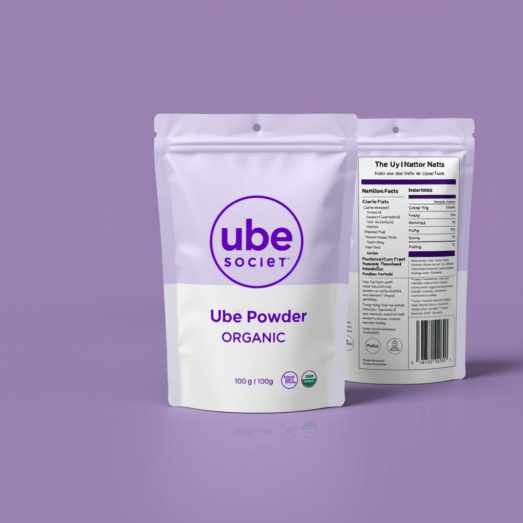 A modern and sleek package design for 100g of Ube Powder, showcasing the 'Ube Society' logo prominently in vibrant purple on the front