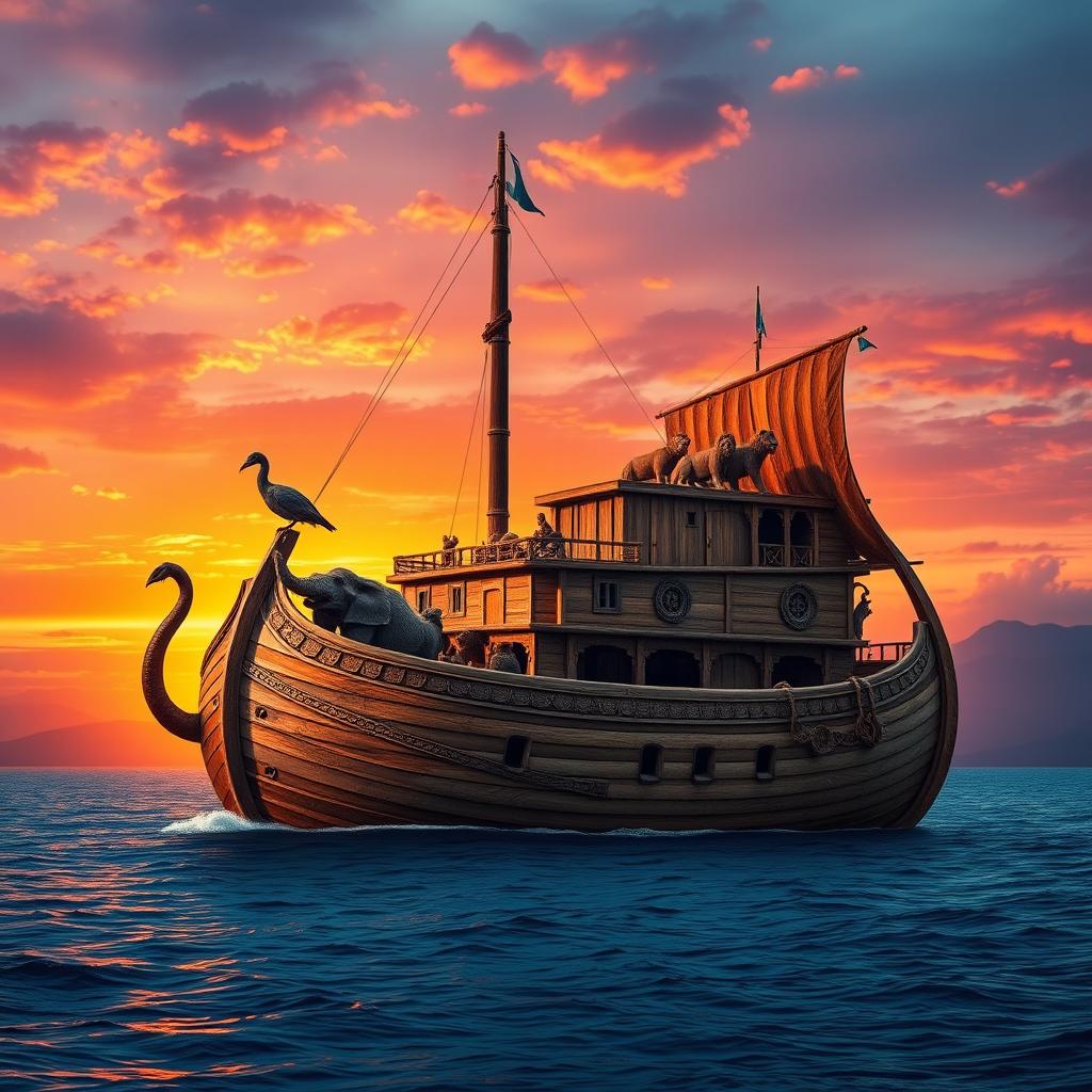 A majestic, ancient ship resembling Noah's Ark, built from weathered wood and featuring intricate carvings
