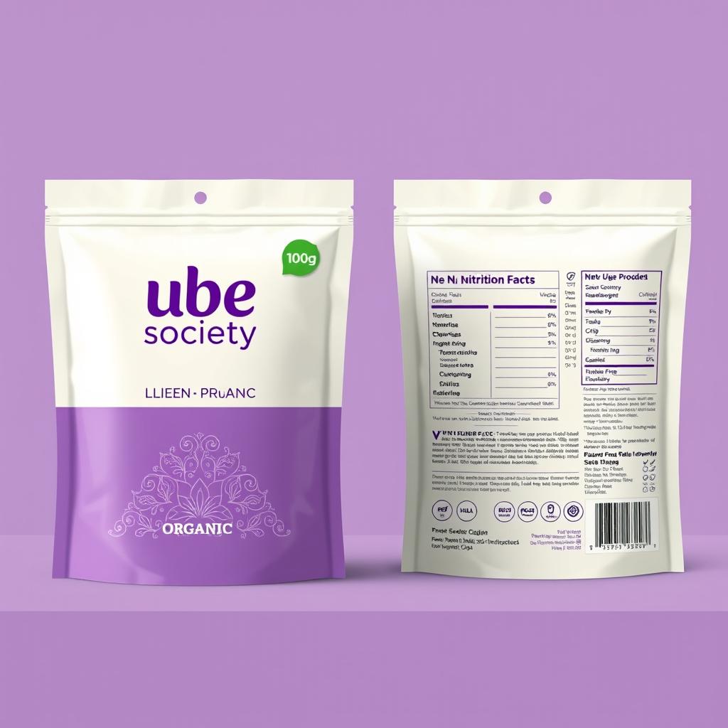 A modern and elegant package design for 100g of Ube Powder, prominently featuring the 'Ube Society' logo in vibrant purple on the front