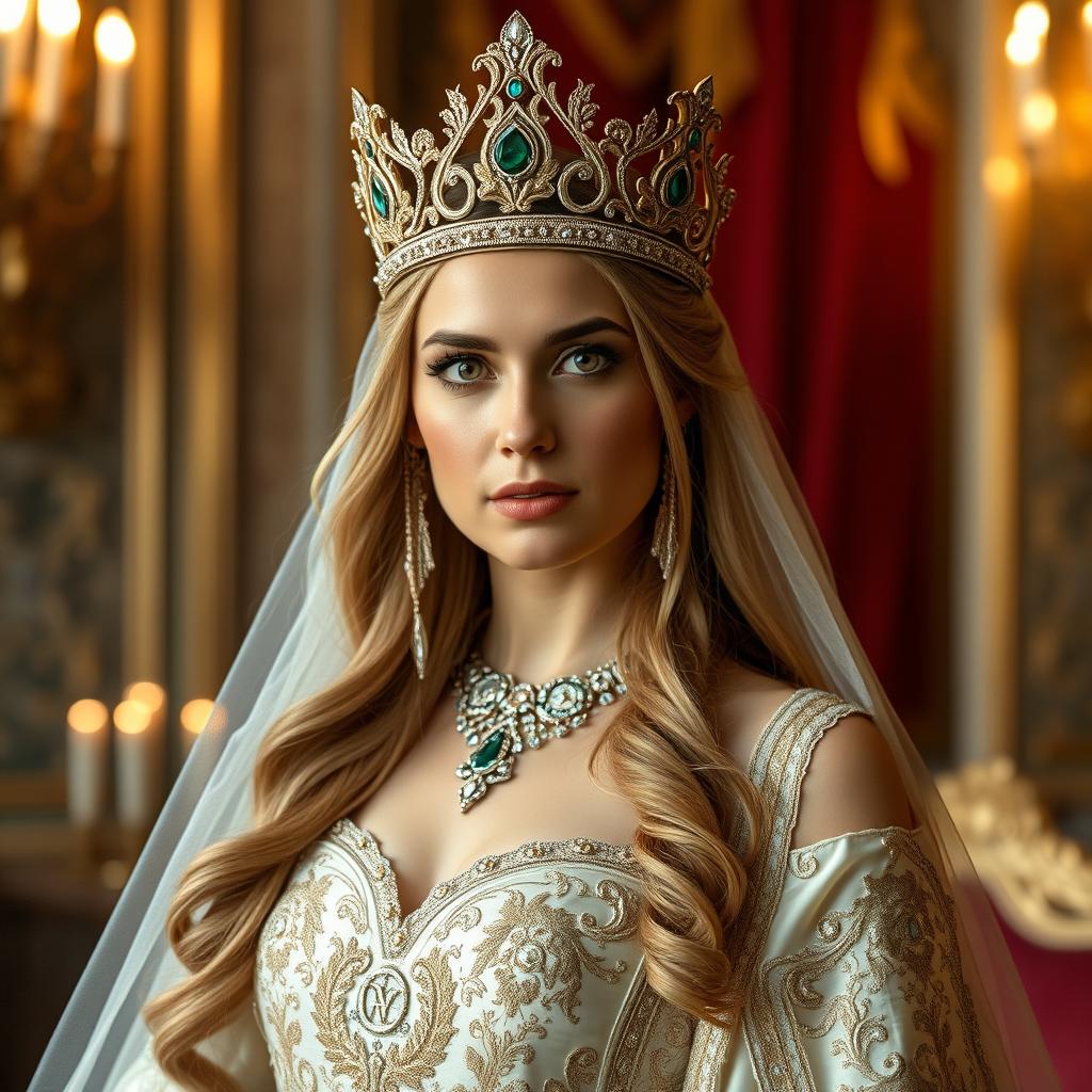 A regal portrait of Queen Limor Chores Olberg, featuring her wearing an elegant crown adorned with jewels, draped in a luxurious royal gown embellished with intricate embroidery