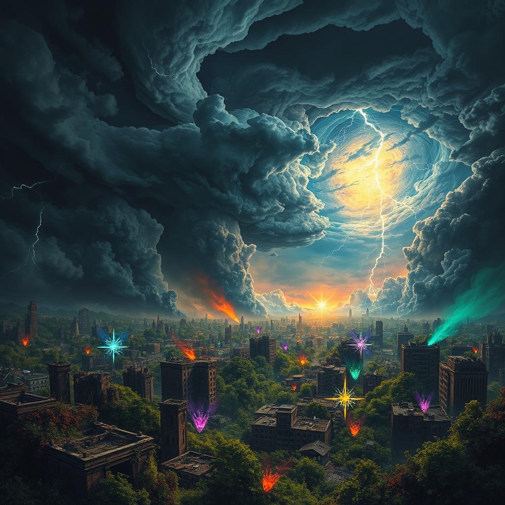 A dramatic and surreal landscape depicting the promised apocalypse, featuring an ominous sky filled with dark swirling clouds and flashes of lightning