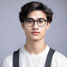 Tall young man, standing at 195cm, with white skin, dark honey-colored hair, and honey-colored eyes. Wearing black round-framed glasses, and medium length hair.